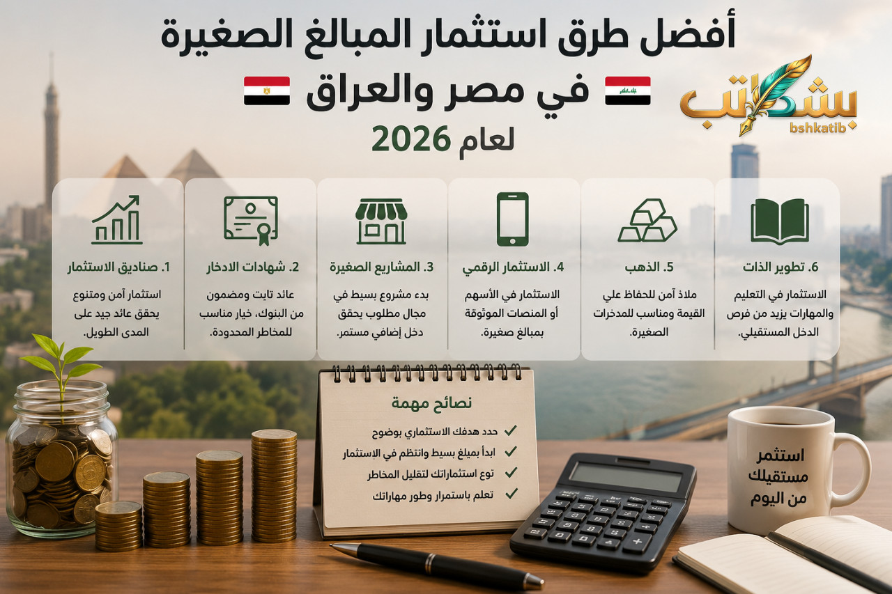 استثمار مبالغ صغيرة- استثمار الأموال في مصر- الاستثمار في العراق- ادخار الأموال- شراء الذهب للاستثمار- شهادات الاستثمار البنكية- عقارات بالتقسيط بمبالغ صغيرة