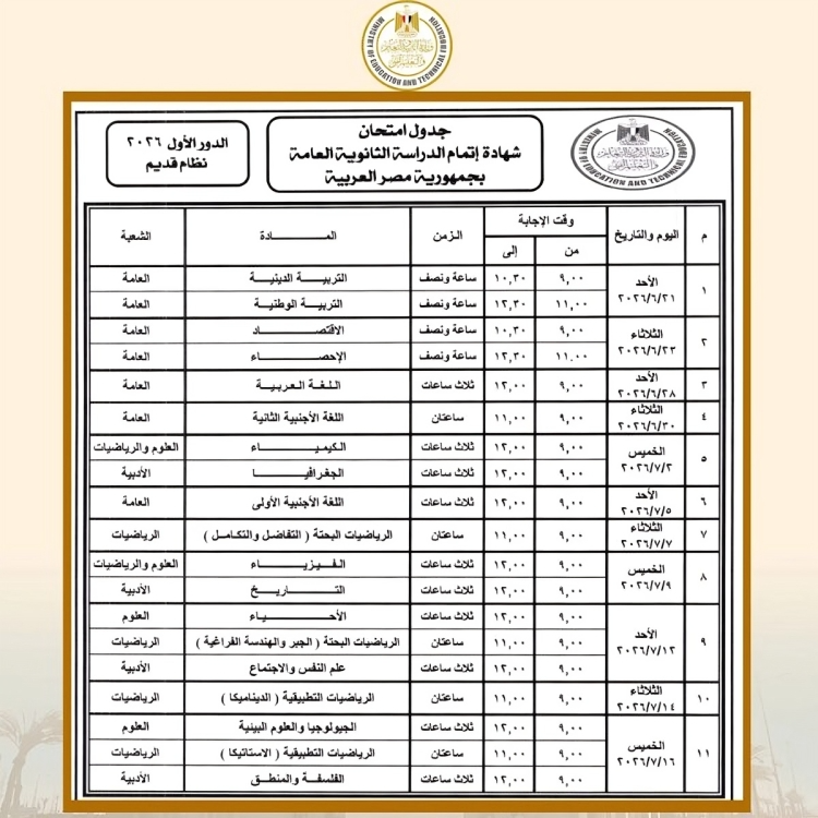جدول الثانوية العامة 2026 النظام القديم